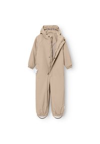 Tuta da neve per bambini beige, leggera, con cappuccio, polsini elastici, apertura con zip e chiusure a pressione. Texture liscia, design casual.