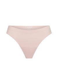 Zarte rosa Tanga mit einem glatten, dehnbaren Material und einem breiten Bund. Verfügt über ein dezentes Logo an der Seite.