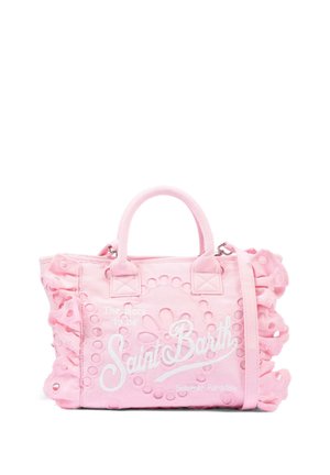 Sac à main en tissu rose avec bords froncés, anses supérieures et texte blanc indiquant "The place to be Saint Barth Summer Paradise."