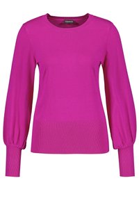 Fuchsia stickad tröja med långa puffärmar och ribbade muddar. Har en rundad halsringning och slät textur. Varumärkesetikett: Taifun.
