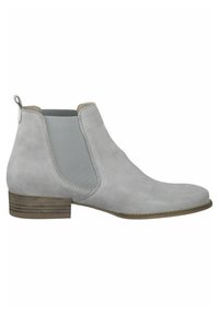 Bottine en suède gris avec des panneaux latéraux élastiques, un bout rond et un petit talon empilé. Texture lisse et détails de couture minimalistes.