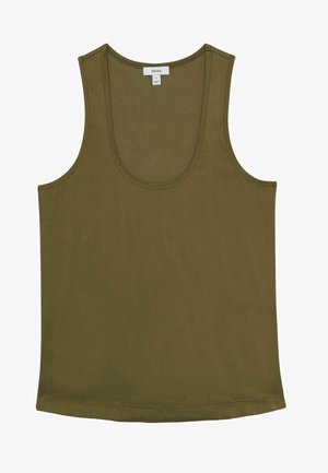 Olivgrünes ärmelloses Tanktop aus glattem Stoff mit einem rundem Ausschnitt und einem geraden Saum. Minimalistisches Design, keine Muster oder Akzente.