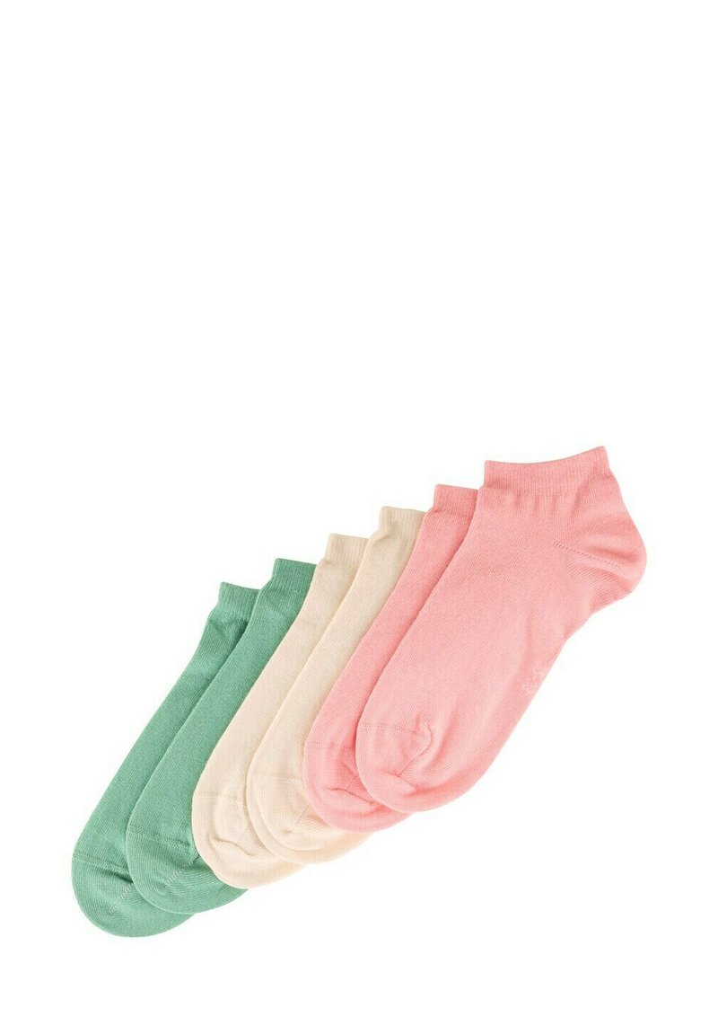 Conjunto de cinco calcetines tobilleros en verde, beige, crema y rosa. Fabricados con una suave mezcla de algodón, con puños acanalados y punteras sin costuras.