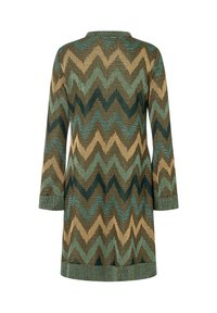Knit dress with a green, gold, and brown zigzag pattern. Features long sleeves and a straight cut. Soft texture and subtle sheen.