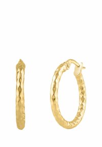 Zlaté kruhové náušnice s kladivkovou textúrou, majú okrúhly tvar a bezpečné zapínanie. Povrch je lesklý a odrazový.