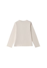 Langärmliges Cremetop aus weichem Material, mit Rundhalsausschnitt und einfachem Design, das minimalistische Nähdetails am Saum aufweist.