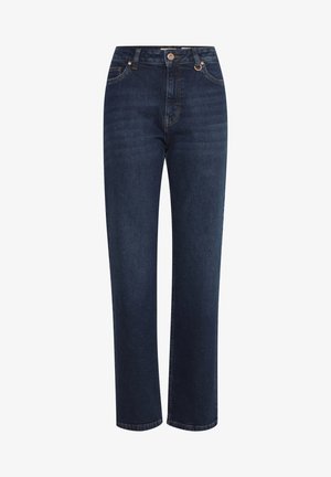 Jean denim bleu foncé à coupe droite avec fermeture par bouton et zip, poches avant et passants de ceinture.