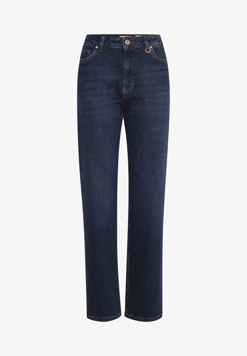 Jean denim bleu foncé à coupe droite avec fermeture par bouton et zip, poches avant et passants de ceinture.