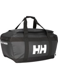 Black duffel bag with a matte finish, features sturdy handles, zip closure, white logo, and reinforced seams for durability.