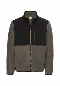 Fleece-Zip-Jacke mit schwarzem Oberteil, grauem Unterteil, Stehkragen und einer Brusttasche mit Reißverschluss. Glatte Textur mit kontrastierenden Bereichen.