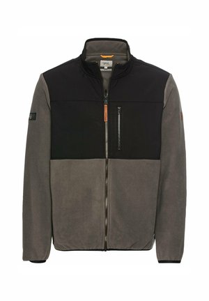 Fleece-Zip-Jacke mit schwarzem Oberteil, grauem Unterteil, Stehkragen und einer Brusttasche mit Reißverschluss. Glatte Textur mit kontrastierenden Bereichen.