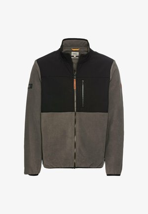 Fleece zip-jakke med sort overdel, grå underdel, høj krave og en brystlomme med lynlås. Glat tekstur med kontrasterende sektioner.