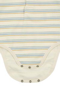 Gestreiftes Bodysuit aus weicher Baumwolle, mit blauen und gelben Streifen auf einem cremefarbenen Hintergrund, mit Druckknöpfen am unteren Ende und einem runden Halsausschnitt.