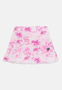 Rosa ausgestellte Skirt aus leichtem Stoff, mit einem tropischen Palmenmuster und einem Rüschensaum. Enthält ein Markenlabel an der Seite.
