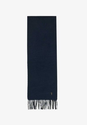 Sciarpa in lana blu navy con estremità sfrangiate, caratterizzata da una texture sottile e un piccolo logo dorato in un angolo.