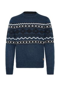 Pulover tricotat albastru cu un model geometric în alb și negru, guler rotund, manșete și tiv cu model în relief. Design de țesătură texturată.