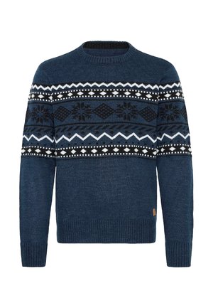 Zils adīts džemperis ar ģeometrisku rakstu melnbaltā krāsā, apaļa kakla izgriezums, ribotas aproces un apakšmalas. Tekstūrēts auduma dizains.