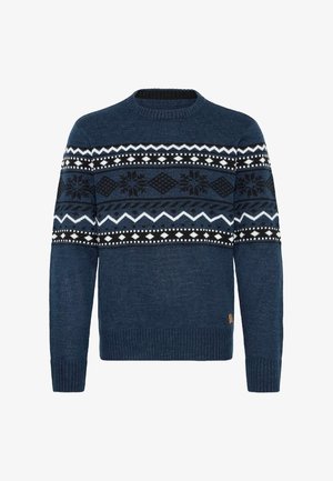 Knitted blue sweater featuring a geometric pattern in black and white, round neckline, ribbed cuffs, and hem. Textured fabric design.