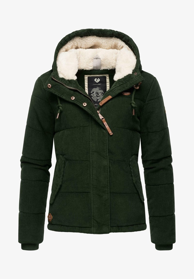 Dunkelgrüne Cordjacke mit einem weichen, cremefarbenen Fleecefutter, einer Kapuze, Seitentaschen und braunen Akzentknöpfen.