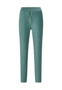Cyaan-groene zachte stoffen joggingbroek met elastische tailleband en een verstelbare trekkoord aan de voorkant, taps toelopende pijpen en geen zichtbare zakken.