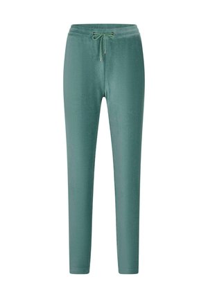 Türkisblaue, weiche Jogginghose mit elastischem Bund und vorderem Kordelzug, schmal zulaufenden Beinen und ohne sichtbare Taschen.