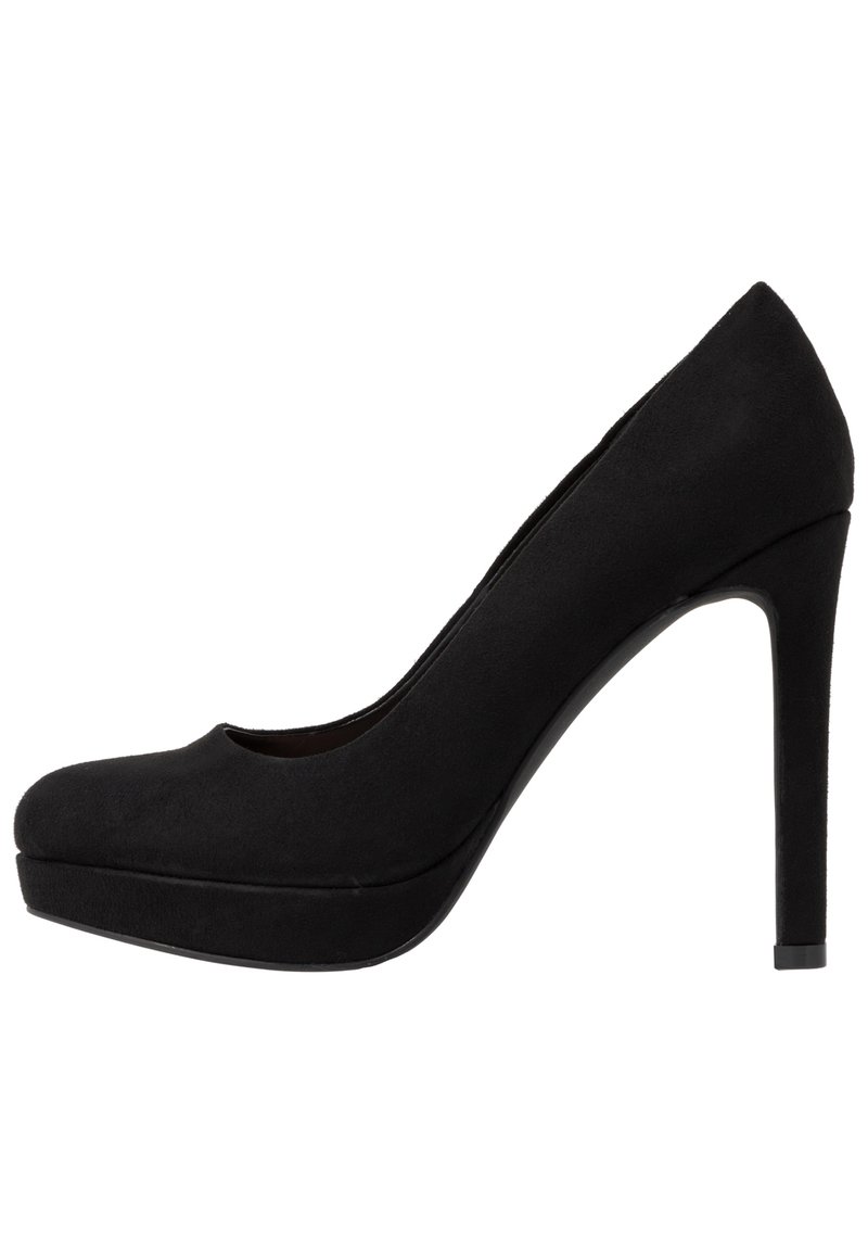 Černá vysoká podpatková bota s kulatou špičkou, sušenkovou texturou, platformou vpředu a tenkým stiletto podpatkem. Hladký povrch, elegantní silueta.