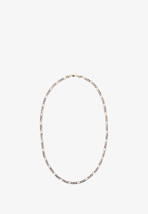 Kædehalskæde med vekslende led i guld, sølv og rosaguld, med en glat og tekstureret finish, sikret med en lås.