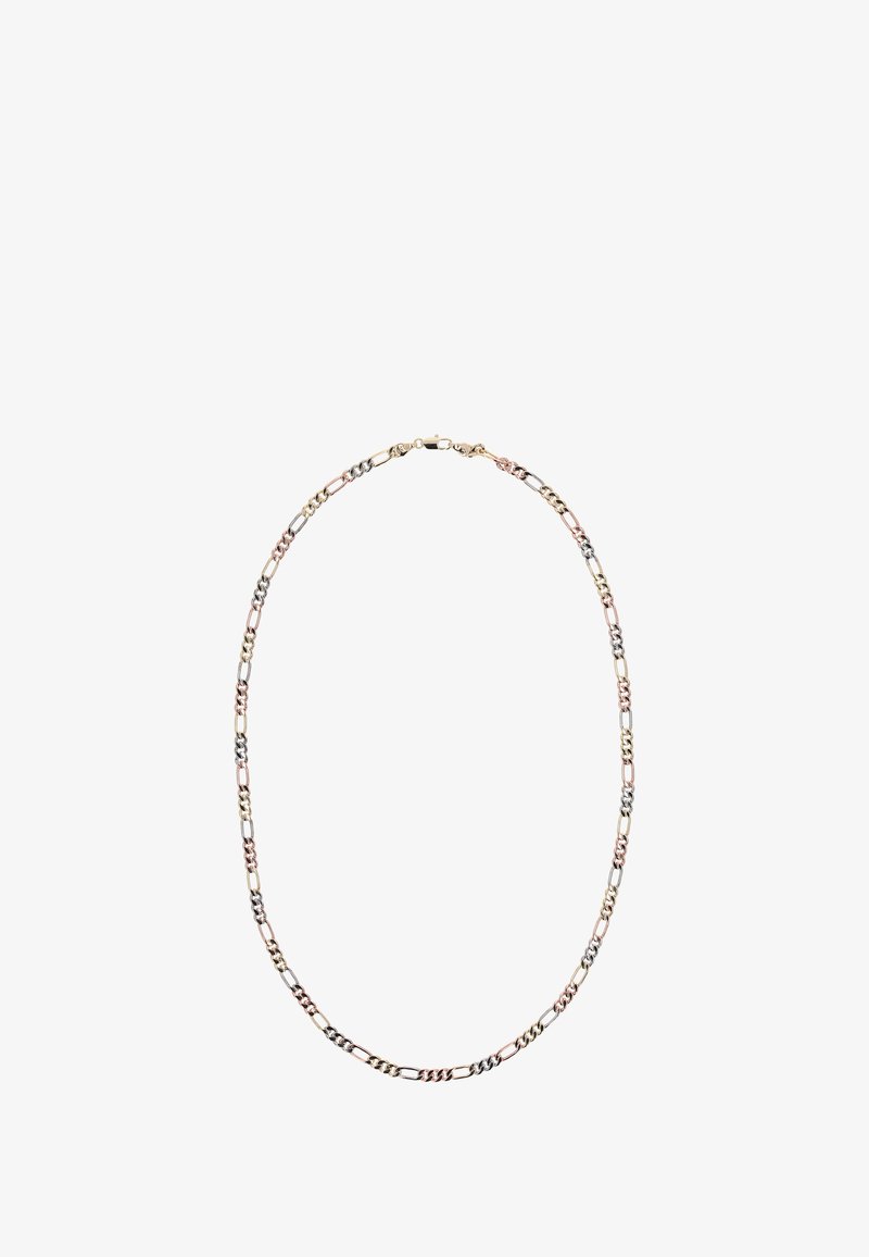 Kædehalskæde med vekslende led i guld, sølv og rosaguld, med en glat og tekstureret finish, sikret med en lås.