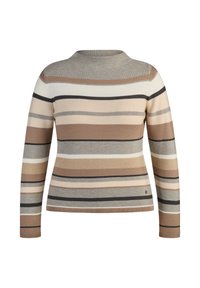 Langärmliger Pullover mit gestricktem Muster, der horizontale Streifen in Beige, Braun, Grau und Schwarz aufweist. Runder Halsausschnitt und figurbetonte Passform.
