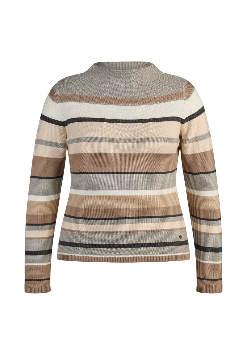 Langärmliger Pullover mit gestricktem Muster, der horizontale Streifen in Beige, Braun, Grau und Schwarz aufweist. Runder Halsausschnitt und figurbetonte Passform.
