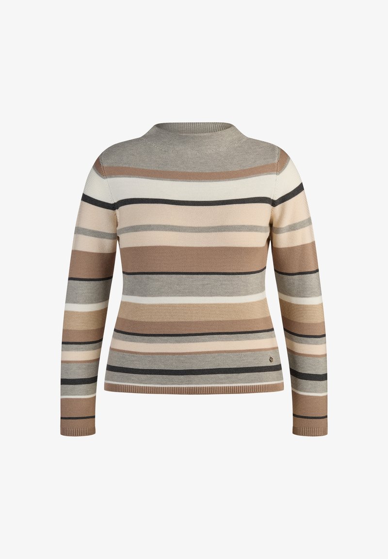 Langärmliger Pullover mit gestricktem Muster, der horizontale Streifen in Beige, Braun, Grau und Schwarz aufweist. Runder Halsausschnitt und figurbetonte Passform.