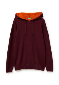 Sudadera marrón con interior naranja. Cuenta con capucha ajustable con cordones y puños y dobladillo acanalados, elaborada en una suave tela texturizada.