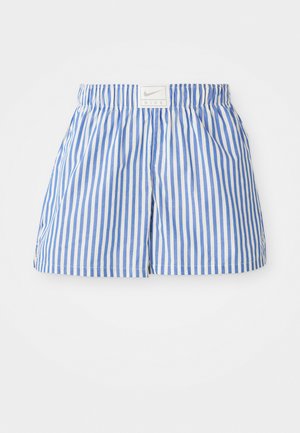 Blå og hvite stripete shorts med elastisk midje og et merke med Nike-logoen. Laget av lett materiale med en glatt tekstur.
