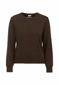 Ruskea neulepusero, joka on valmistettu pehmeästä neuloshangasta. Siinä on pyöreä pääntie sekä pitkät hihat, joissa on resorit hihansuissa ja helmassa.