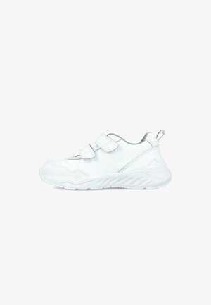 Zapatilla deportiva blanca con un upper sintético liso, correas ajustables dobles, suela texturizada y una lengüeta en la parte trasera para facilitar su uso.