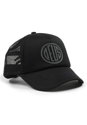 Black cap with a solid front panel and mesh sides. Features a raised circular logo in black. Curved brim and adjustable snapback closure.