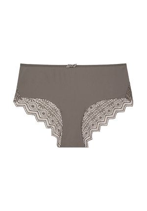 Culotte hipster pour femmes grise avec bordure en dentelle aux ouvertures des jambes et petit nœud décoratif au centre de la ceinture devant.