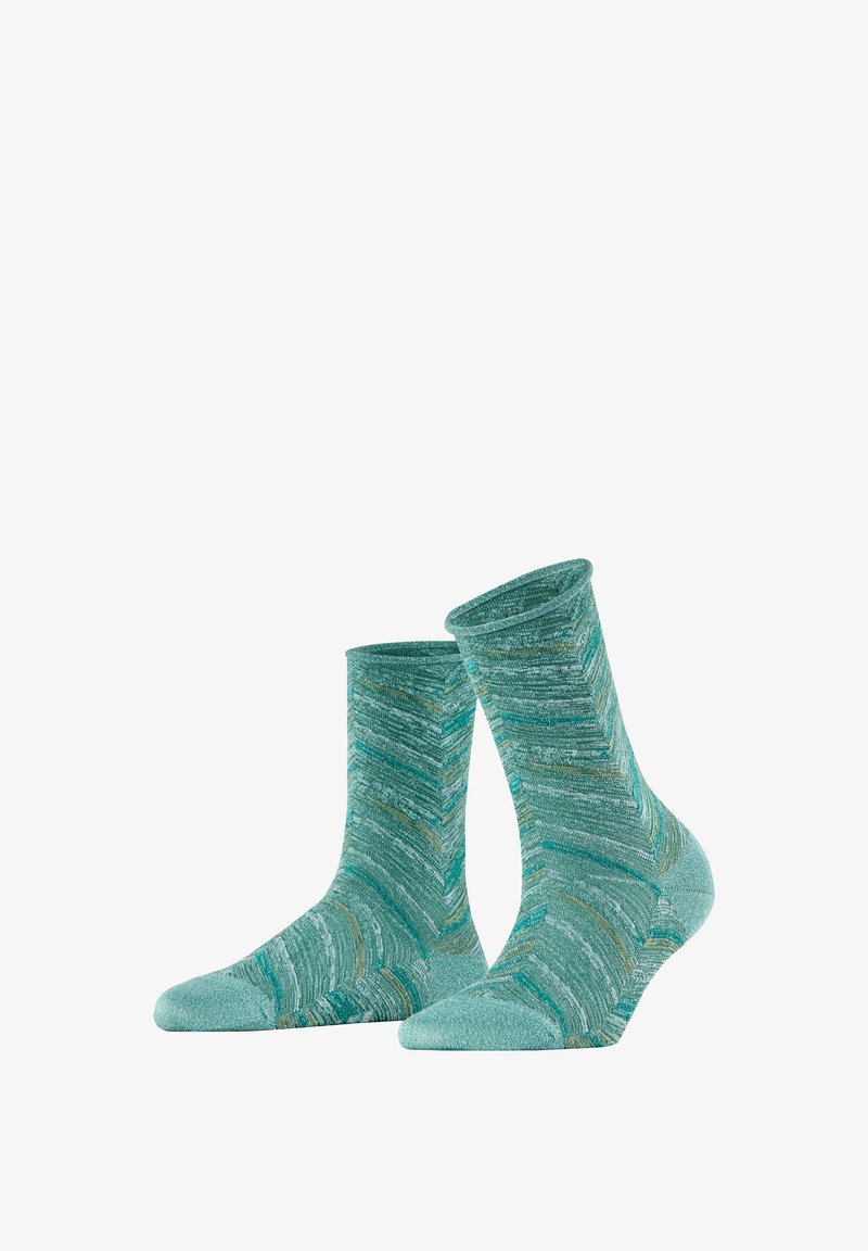 Paire de chaussettes montantes marbrées bleu sarcelle avec un motif tricoté texturé, présentées debout sur un fond blanc.