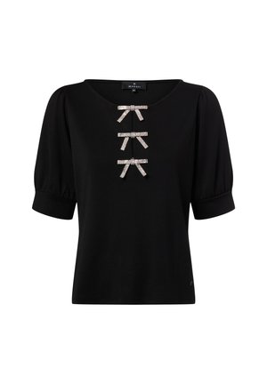 Schwarze Kurzarmbluse mit abgerundetem Ausschnitt und drei vertikalen Strassstein-Schleifenverzierungen in der vorderen Mitte.