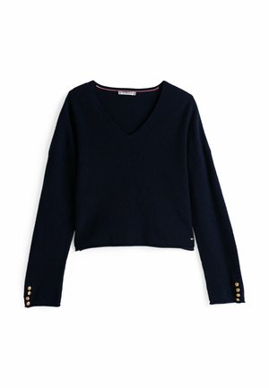 Granatowy sweter ribbed z dekoltem w serek, długimi rękawami i złotymi guzikami przy mankietach. Krótki krój z fakturowanym wykończeniem.