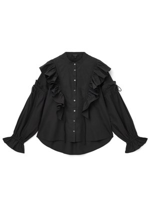 Sort skjorte lavet af glat stof med flæset detaljer, høj halsudskæring, knapper ned ad fronten og samlede manchetter.