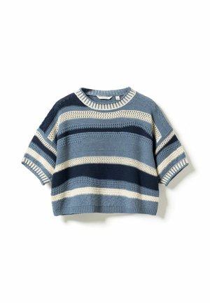 Pulover tricotat cu mâneci scurte, cu dungi orizontale în nuanțe de albastru și alb, prezentând modele variate de cusături și un decolteu rotund.