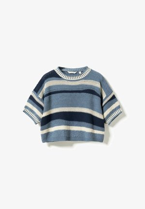 Lühikeste varrukatega kootud kampsun horisontaalsete triipudega sinise ja valge toonides, millel on erinevad heegeldusmustid ja ümmargune kaelus.