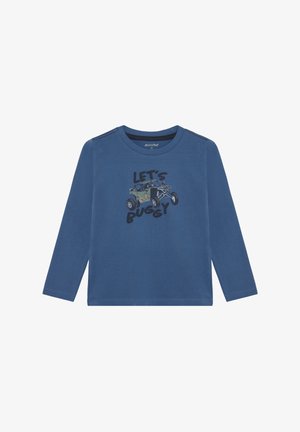 Camiseta azul de manga larga hecha de algodón, con un gráfico de un buggy y el texto "LET'S BUGGY" en negro y verde. Diseño estándar con cuello redondo.