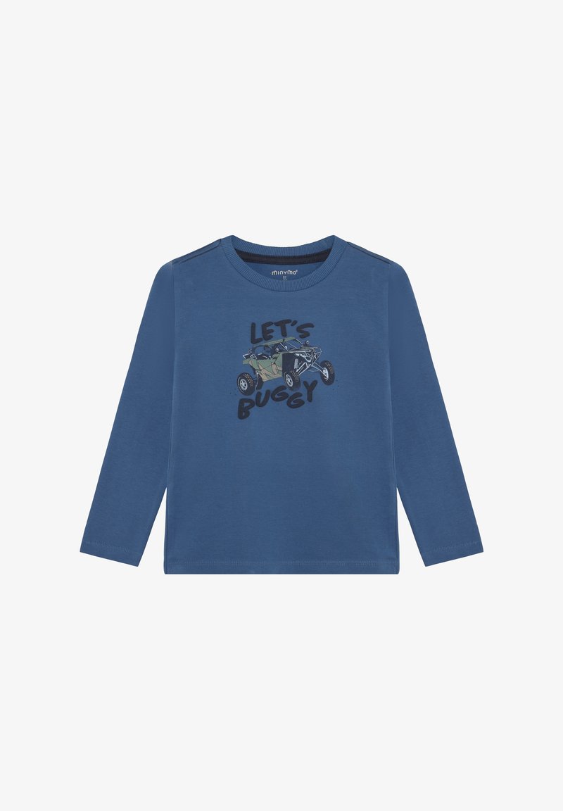 Camiseta azul de manga larga hecha de algodón, con un gráfico de un buggy y el texto "LET'S BUGGY" en negro y verde. Diseño estándar con cuello redondo.