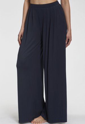 Navy wide-leg pants made from a smooth fabric with a high, elastic waistband and soft pleats for added flow.