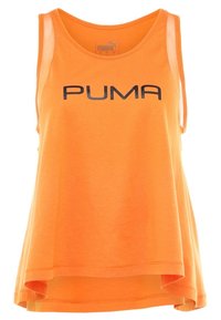 Top arancione senza maniche realizzato in tessuto morbido, con logo PUMA in nero. Il design include un orlo leggermente svasato e dettagli trasparenti sulle spalle.