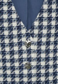 Gewebte Weste in Marineblau und Weiß mit Hahnentrittmuster, ausgestattet mit V-Ausschnitt und strukturiertem Stoff sowie einem runden, metallischen Knopfdetail.