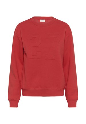 Sweat-shirt rouge à col rond, avec un "27" en relief sur le devant, des poignets et une taille côtelés, fabriqué en tissu doux.