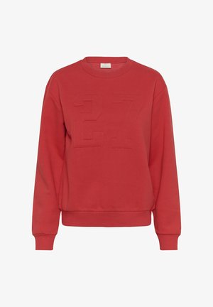 Rød sweatshirt med rund halsudskæring, prydet med et præget "27" på fronten, ribbede manchetter og kant, lavet af blødt stof.